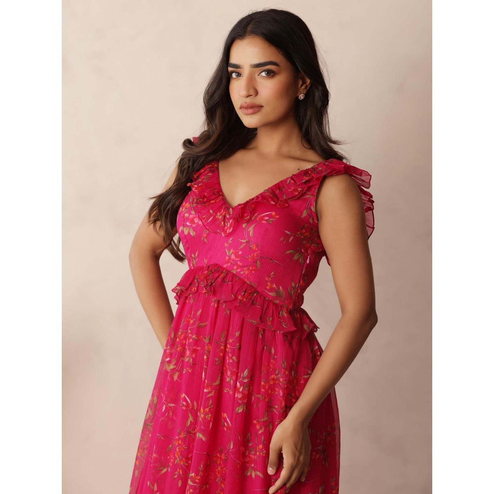 DEASHA INDIA Eva Pink Ruffle Floral Dress