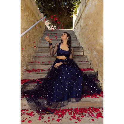 DEASHA INDIA Aaina Navy Blue Embroidered Net Lehenga with Blouse and Dupatta (Set of 3)