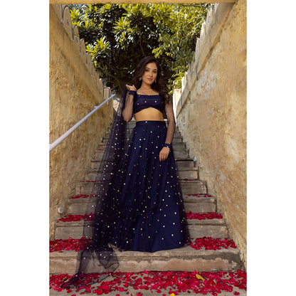 DEASHA INDIA Aaina Navy Blue Embroidered Net Lehenga with Blouse and Dupatta (Set of 3)