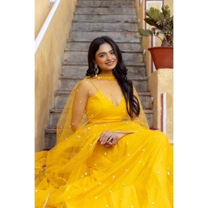 DEASHA INDIA Sahana Yellow Embroidered Net Lehenga with Blouse and Dupatta (Set of 3)