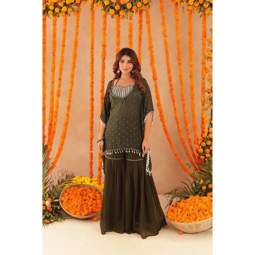 DEASHA INDIA Samaya Green Kaftan with Blouse & Sharara