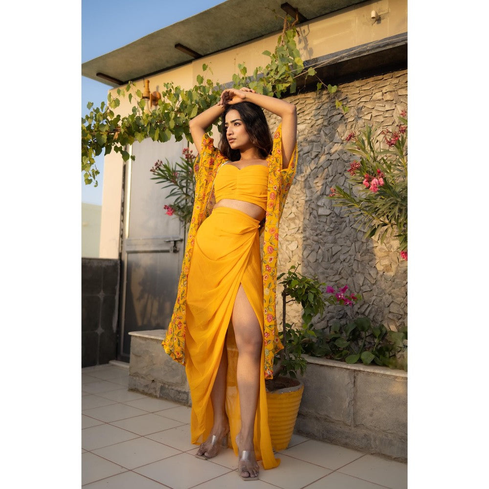 DEASHA INDIA Eli Yellow Floral Cape with Bustier & Skirt