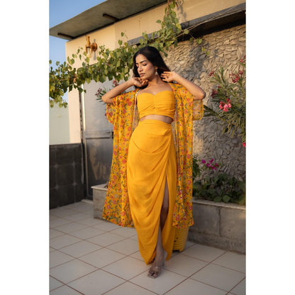 DEASHA INDIA Eli Yellow Floral Cape with Bustier & Skirt