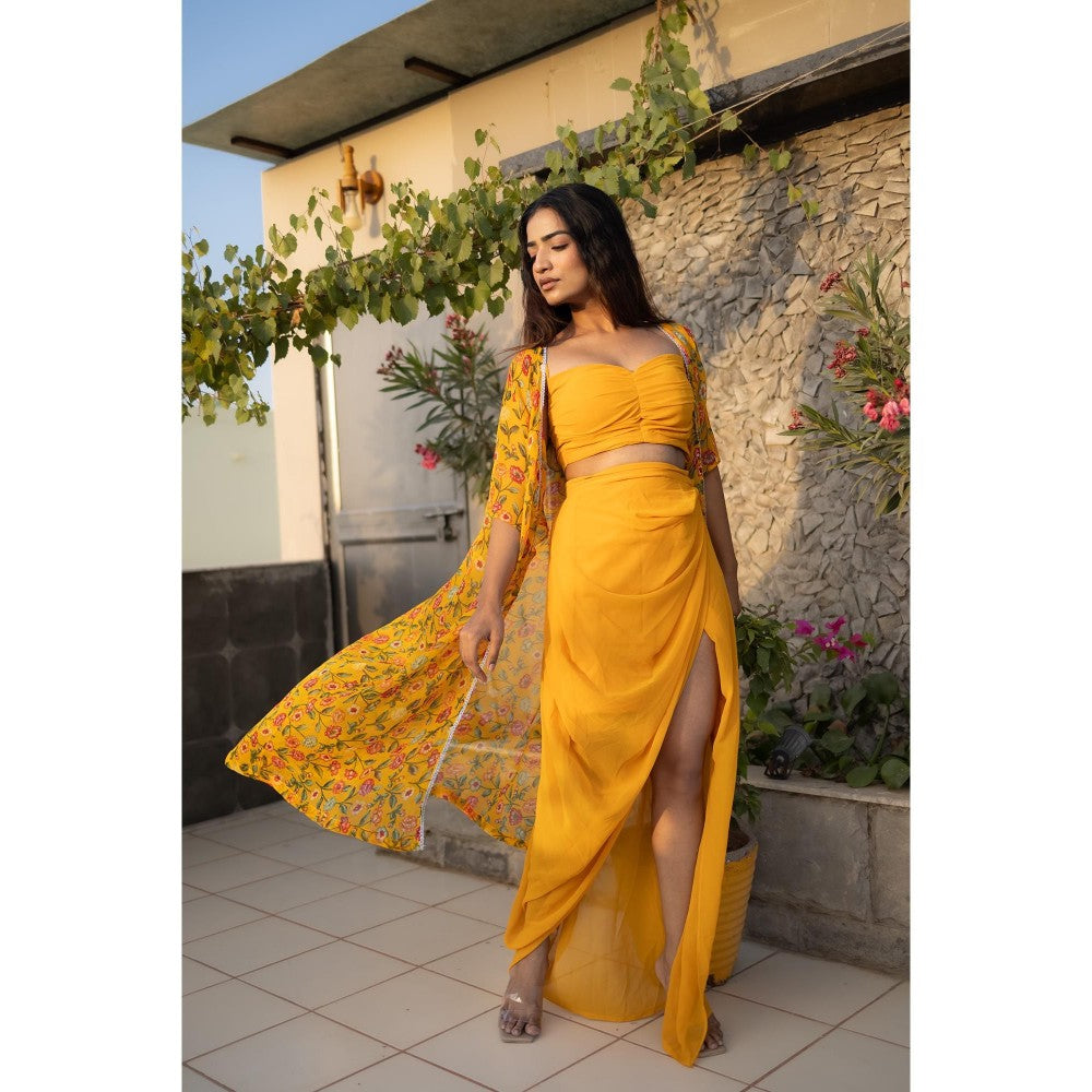 DEASHA INDIA Eli Yellow Floral Cape with Bustier & Skirt
