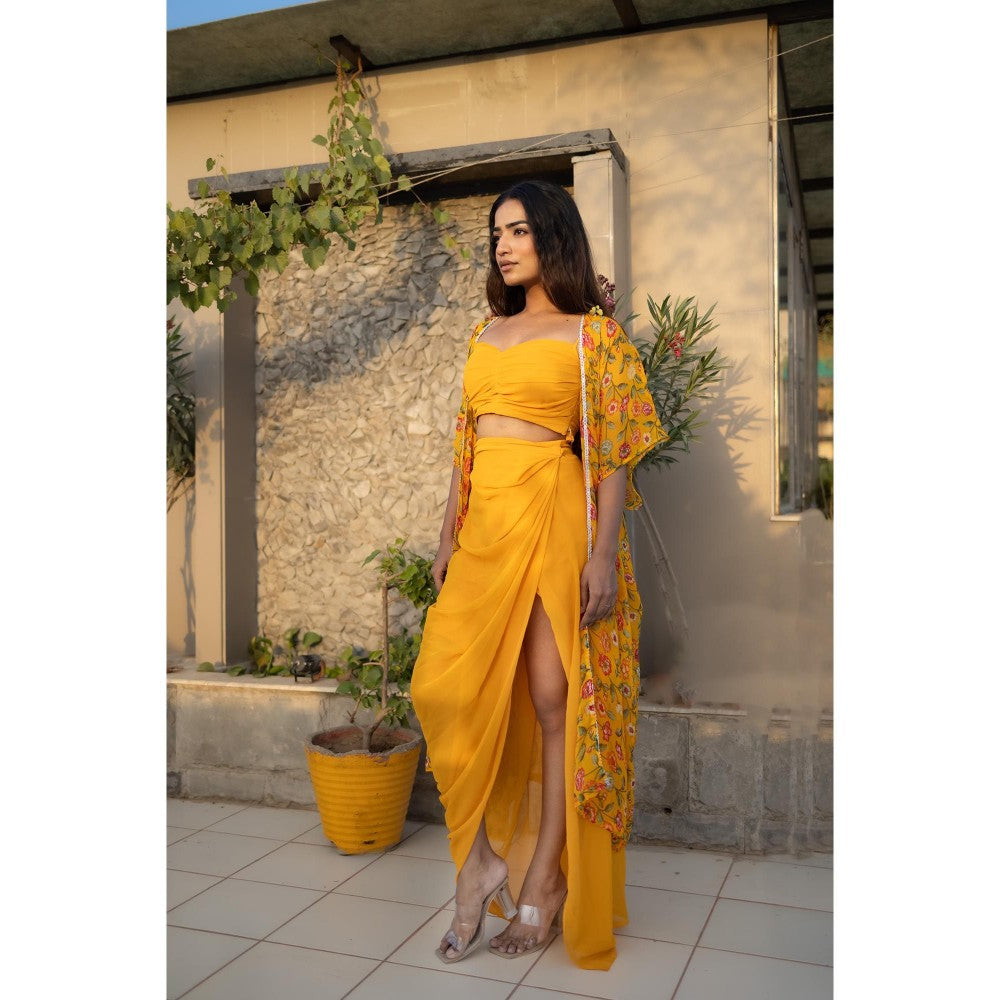 DEASHA INDIA Eli Yellow Floral Cape with Bustier & Skirt