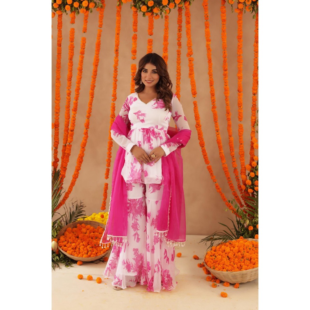 DEASHA INDIA Trisha White Pink Floral Sharara with Kurti & Dupatta