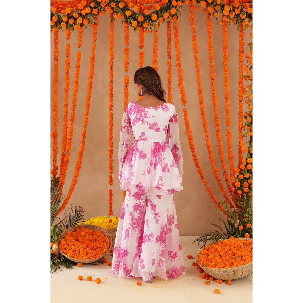 DEASHA INDIA Trisha White Pink Floral Sharara with Kurti & Dupatta