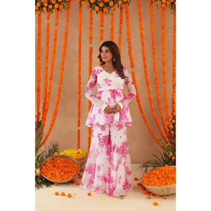 DEASHA INDIA Trisha White Pink Floral Sharara with Kurti & Dupatta