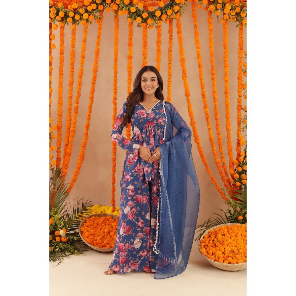 DEASHA INDIA Veera Blue Floral Print Kurti with Palazzo & Dupatta