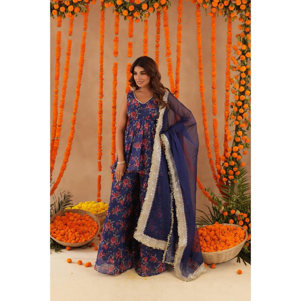 DEASHA INDIA Zeisha Blue Floral Print Kurti with Palazzo & Dupatta