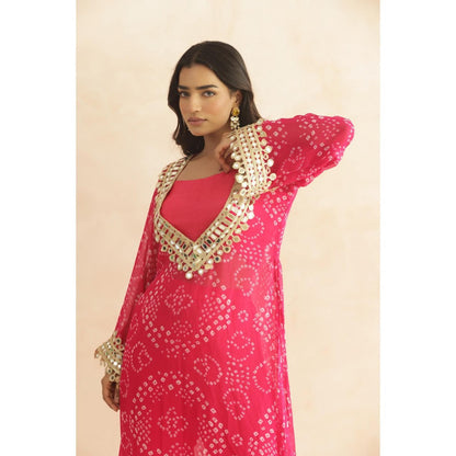 DEASHA INDIA Nitya Pink Bandhej Lace Work Bustier with Kurta & Pant