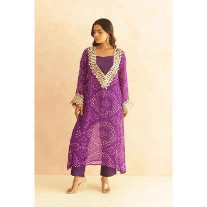 DEASHA INDIA Qirat Purple Bandhej Lace Work Bustier with Kurta & Pant