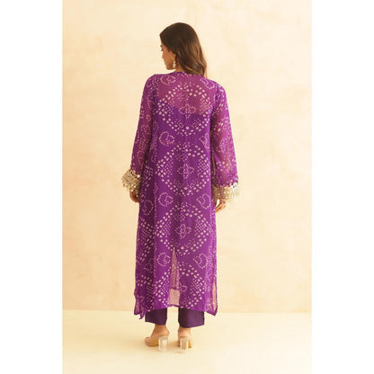 DEASHA INDIA Qirat Purple Bandhej Lace Work Bustier with Kurta & Pant