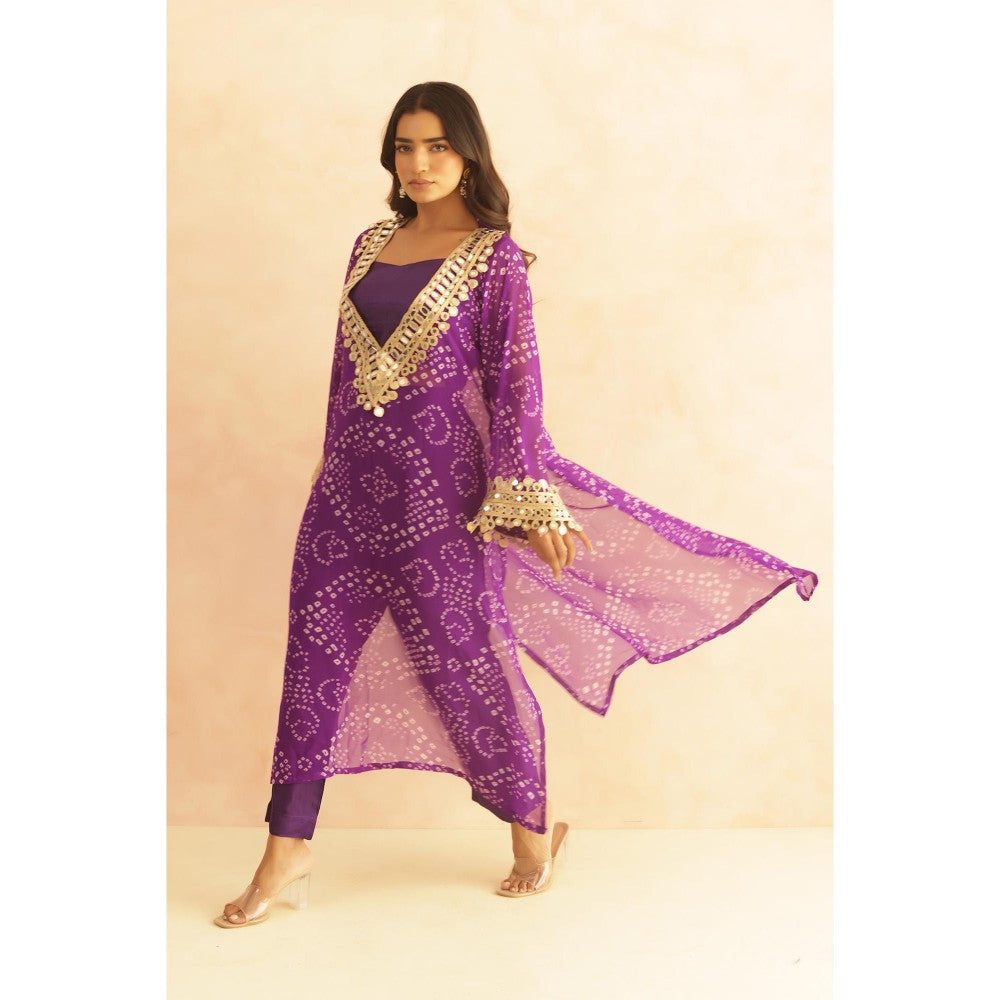DEASHA INDIA Qirat Purple Bandhej Lace Work Bustier with Kurta & Pant