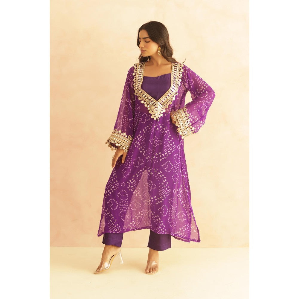 DEASHA INDIA Qirat Purple Bandhej Lace Work Bustier with Kurta & Pant