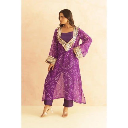 DEASHA INDIA Qirat Purple Bandhej Lace Work Bustier with Kurta & Pant