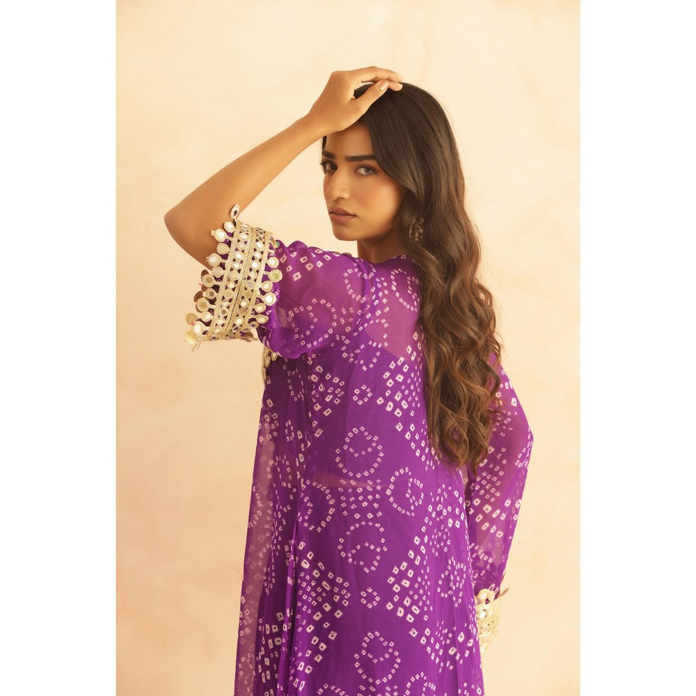 DEASHA INDIA Qirat Purple Bandhej Lace Work Bustier with Kurta & Pant