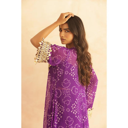 DEASHA INDIA Qirat Purple Bandhej Lace Work Bustier with Kurta & Pant