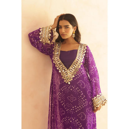 DEASHA INDIA Qirat Purple Bandhej Lace Work Bustier with Kurta & Pant