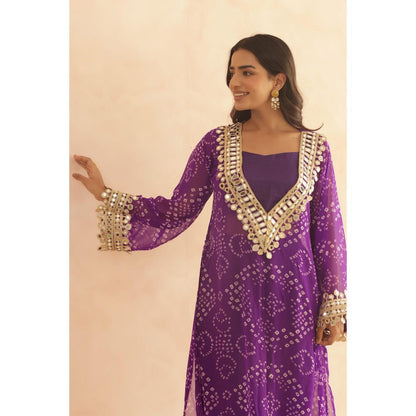 DEASHA INDIA Qirat Purple Bandhej Lace Work Bustier with Kurta & Pant