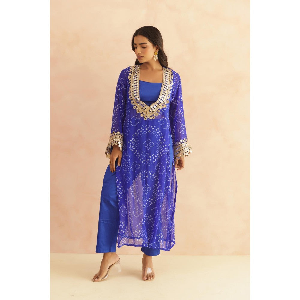 DEASHA INDIA Ravina Royal Blue Bandhej Lace Work Bustier with Kurta & Pant