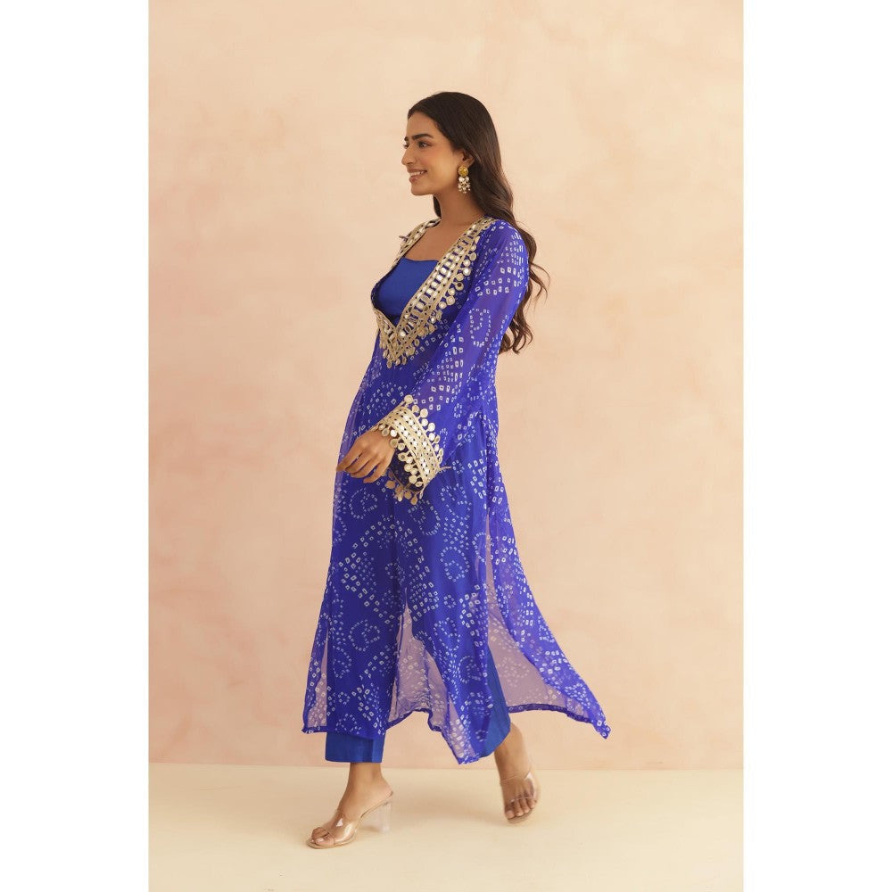 DEASHA INDIA Ravina Royal Blue Bandhej Lace Work Bustier with Kurta & Pant