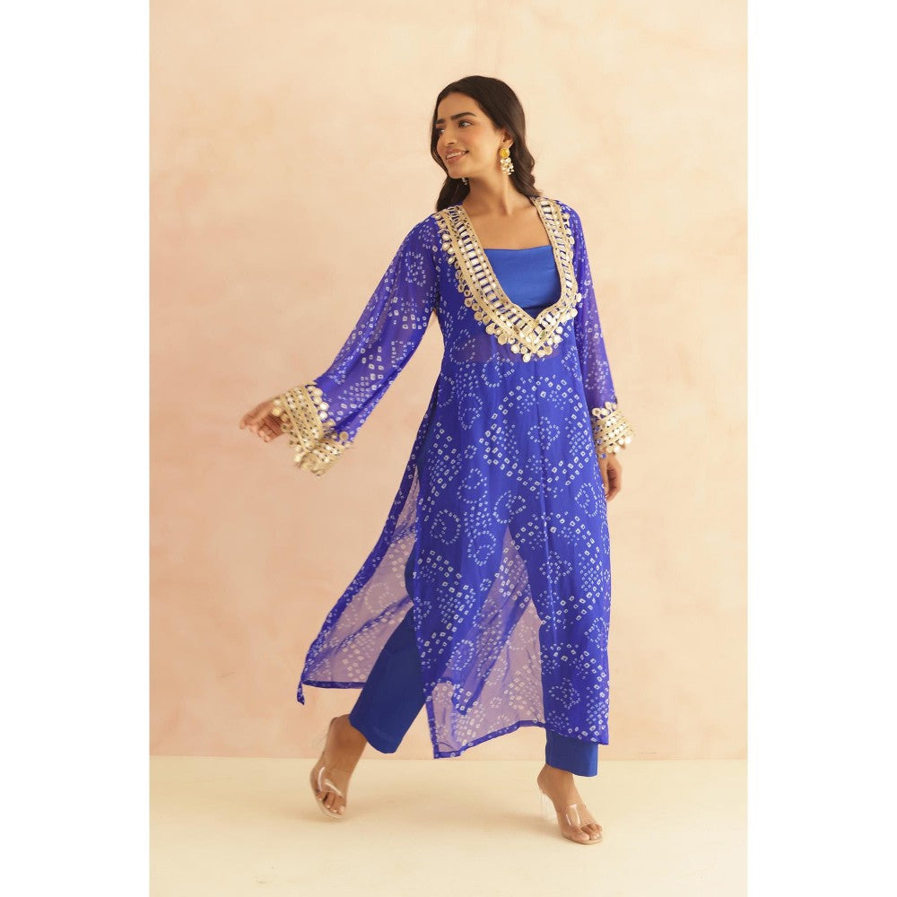 DEASHA INDIA Ravina Royal Blue Bandhej Lace Work Bustier with Kurta & Pant