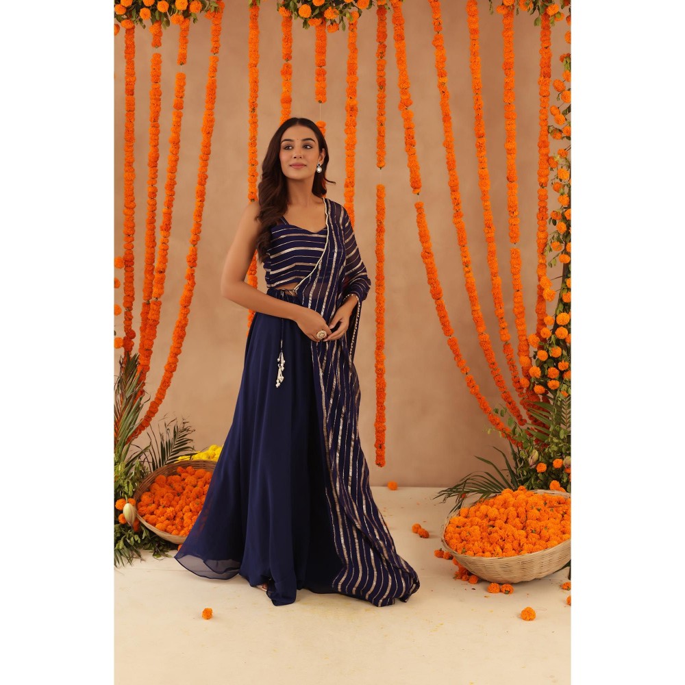 DEASHA INDIA Baani Navy Blue Lurex Blouse with Palazzo & Dupatta