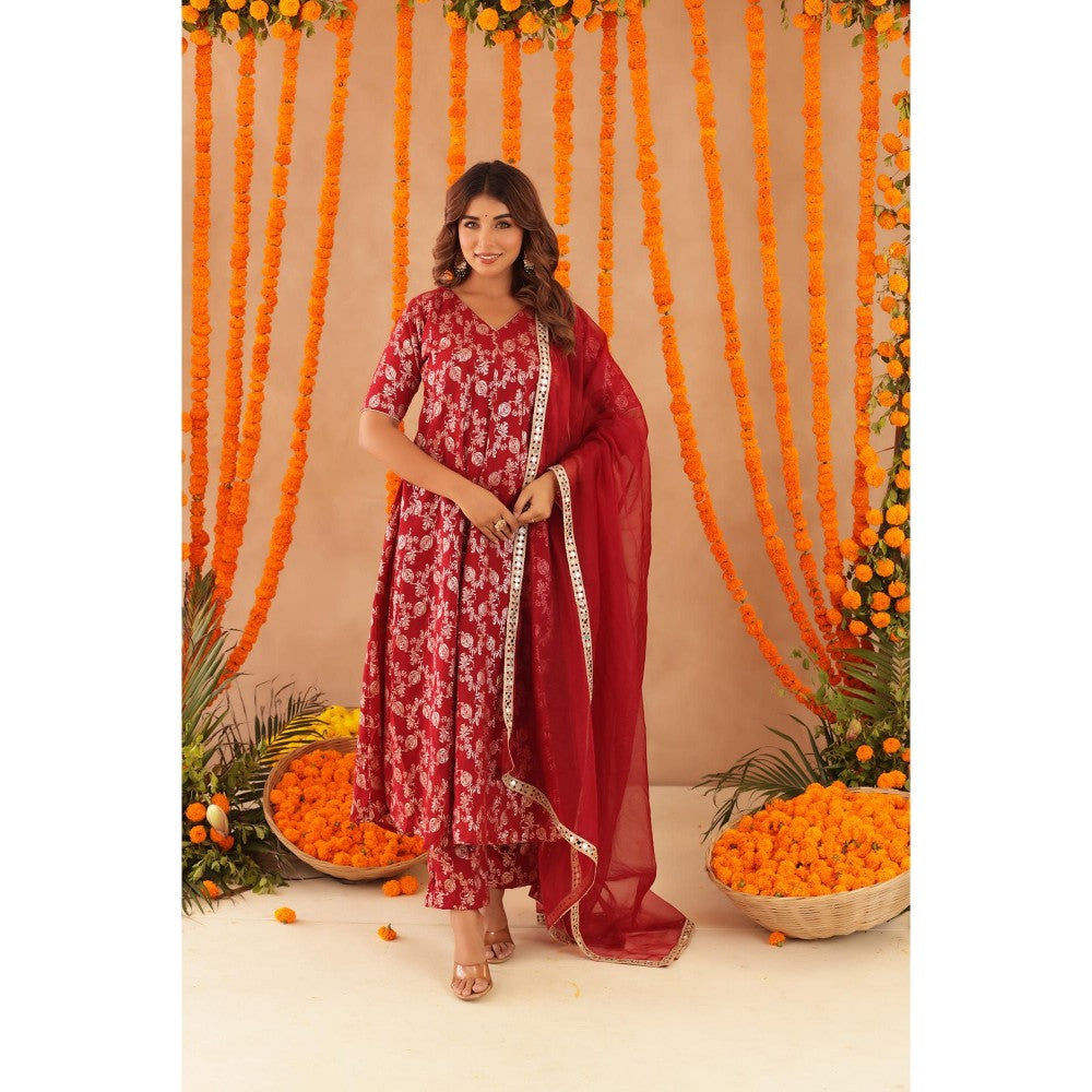 DEASHA INDIA Geet Red Brocade Anarkali with Pant & Dupatta