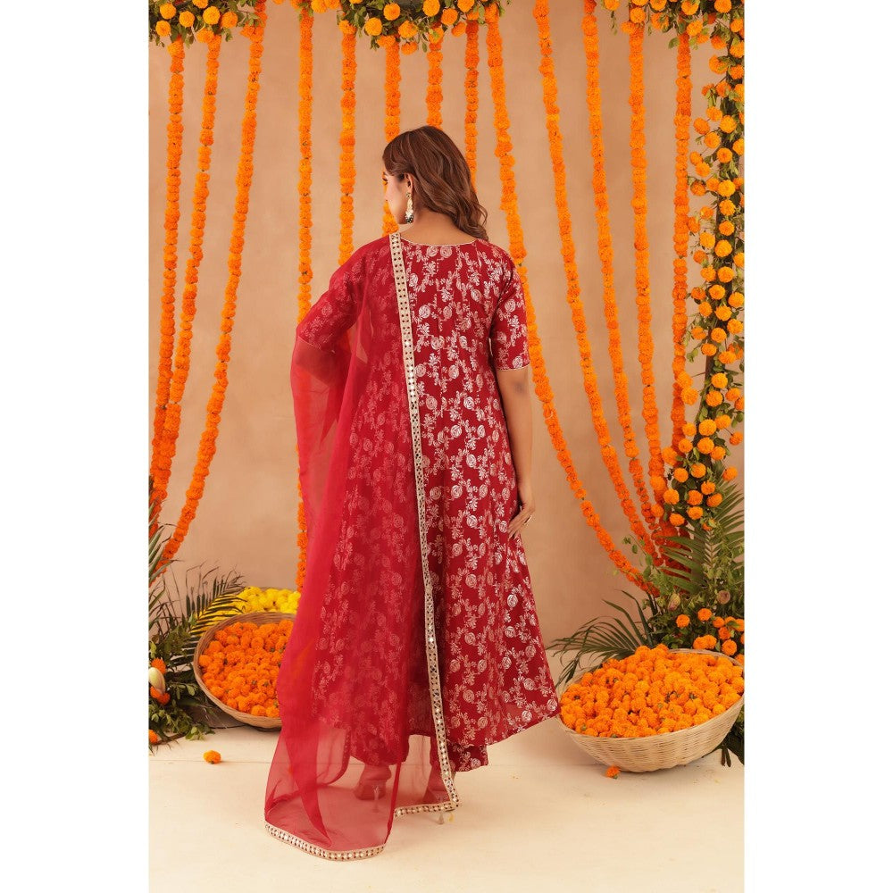 DEASHA INDIA Geet Red Brocade Anarkali with Pant & Dupatta