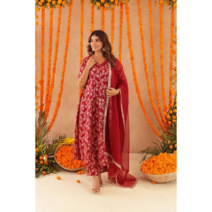 DEASHA INDIA Geet Red Brocade Anarkali with Pant & Dupatta