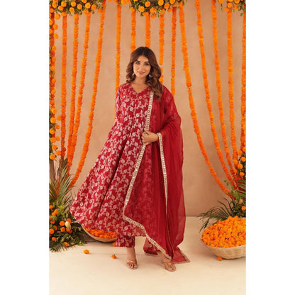 DEASHA INDIA Geet Red Brocade Anarkali with Pant & Dupatta