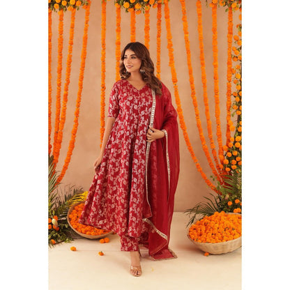 DEASHA INDIA Geet Red Brocade Anarkali with Pant & Dupatta