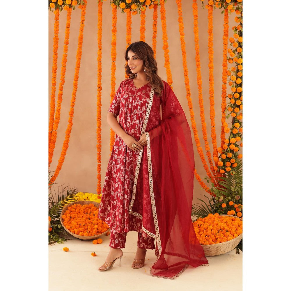 DEASHA INDIA Geet Red Brocade Anarkali with Pant & Dupatta