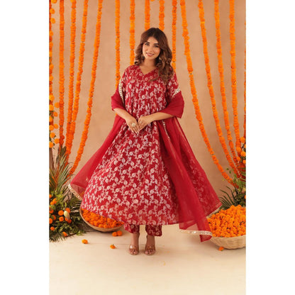 DEASHA INDIA Geet Red Brocade Anarkali with Pant & Dupatta