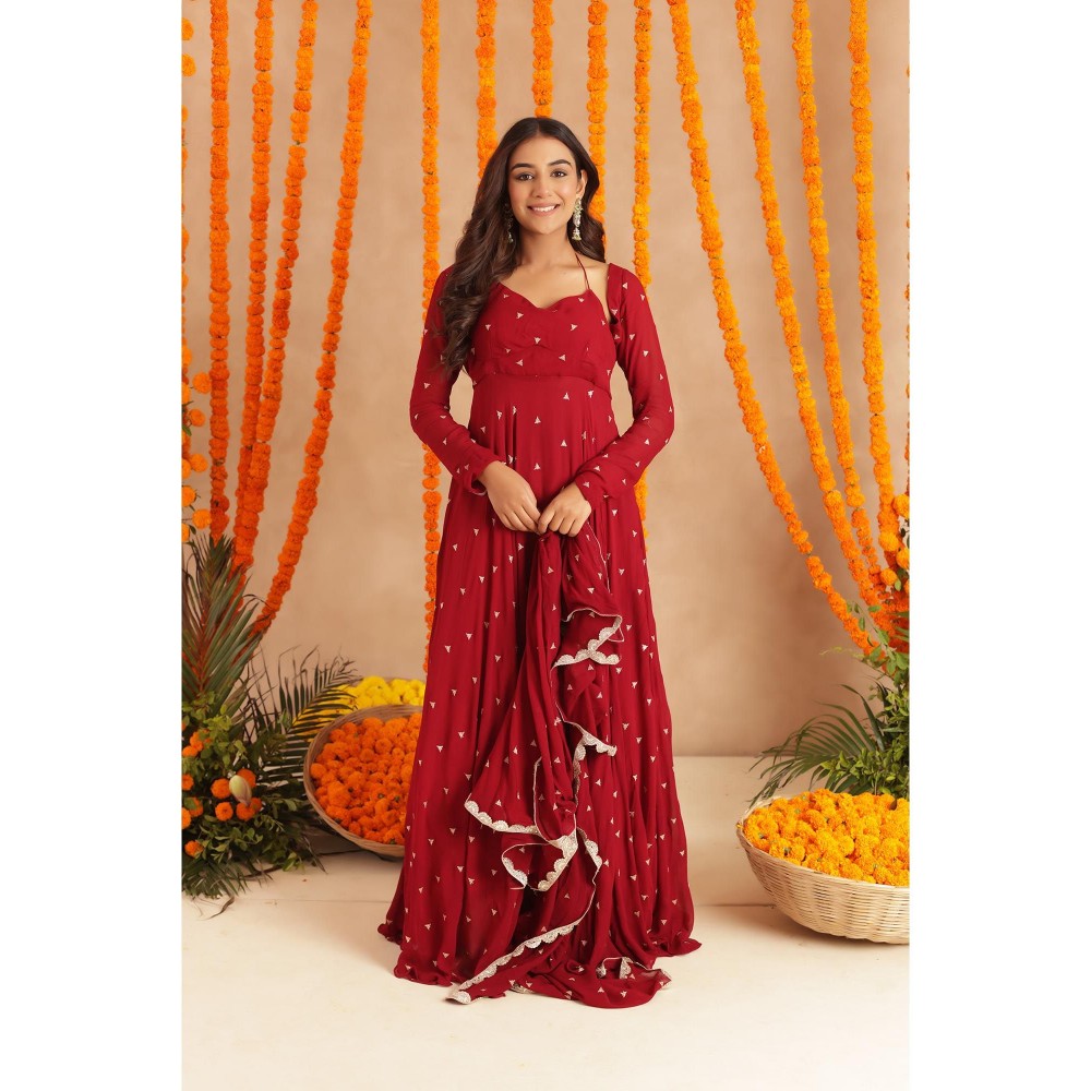 DEASHA INDIA Ishani Red Anarkali with Pant & Dupatta