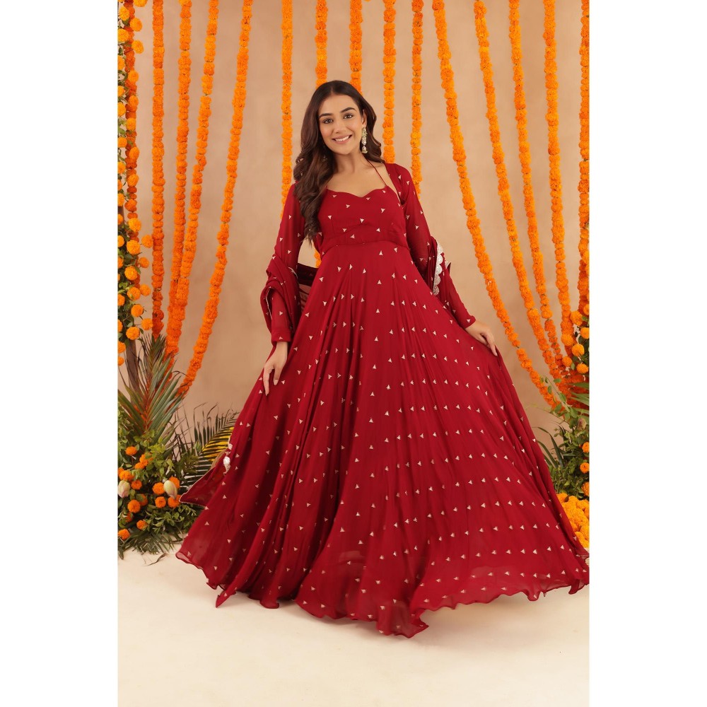 DEASHA INDIA Ishani Red Anarkali with Pant & Dupatta