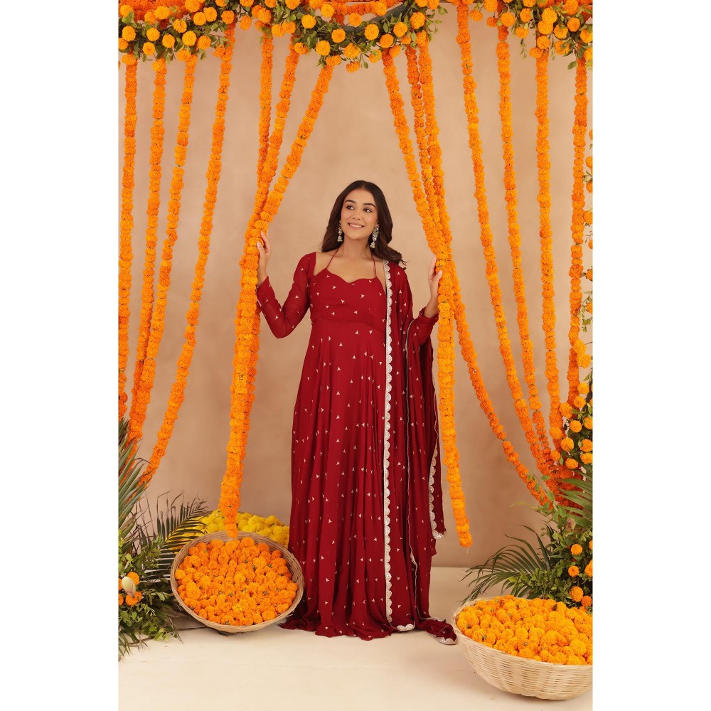 DEASHA INDIA Ishani Red Anarkali with Pant & Dupatta