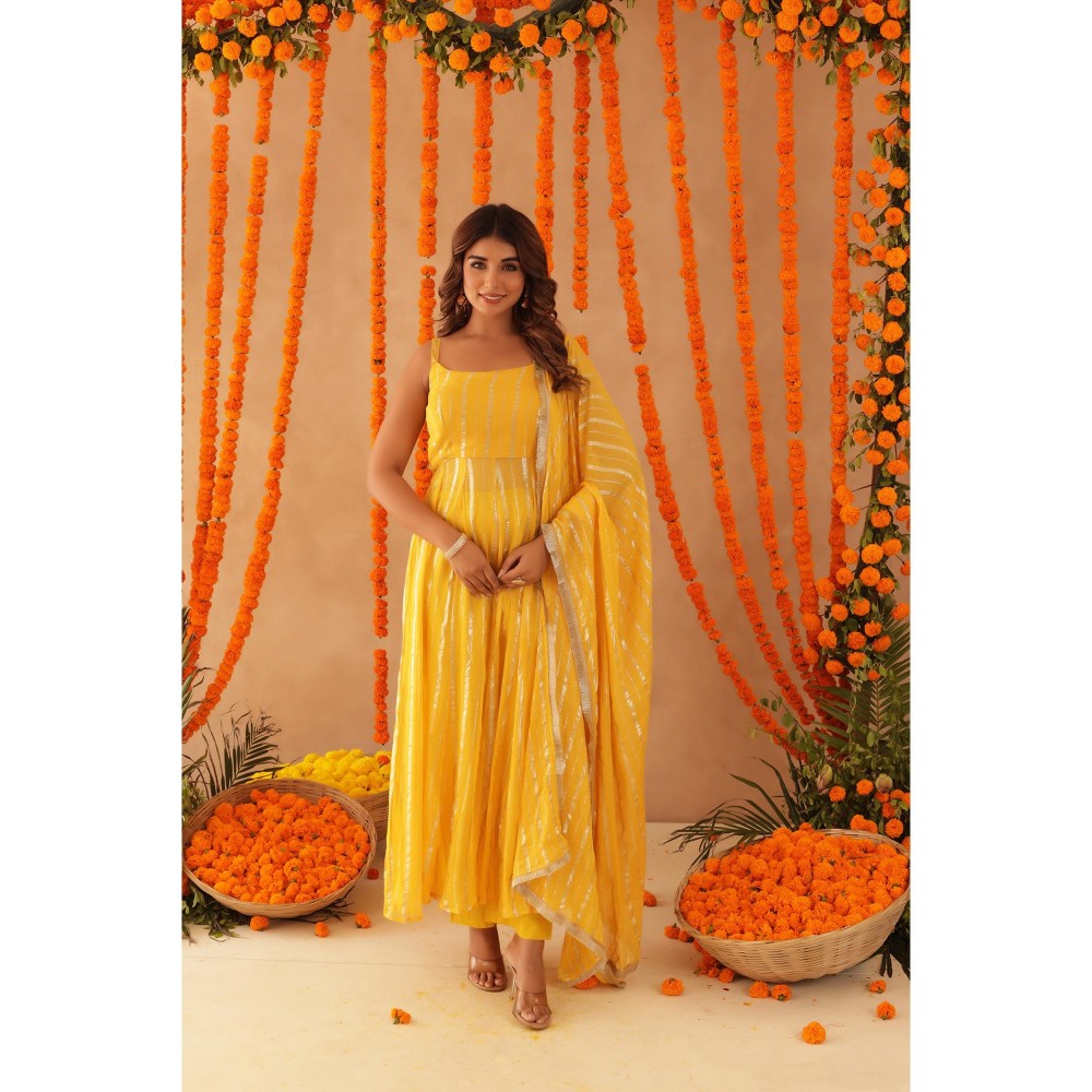 DEASHA INDIA Kaamya Yellow Lurex Anarkali with Pant & Dupatta