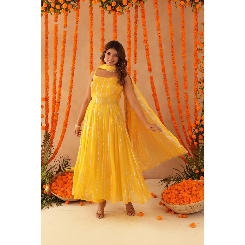 DEASHA INDIA Kaamya Yellow Lurex Anarkali with Pant & Dupatta