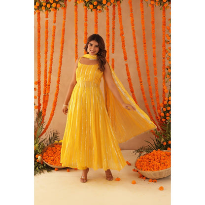 DEASHA INDIA Kaamya Yellow Lurex Anarkali with Pant & Dupatta