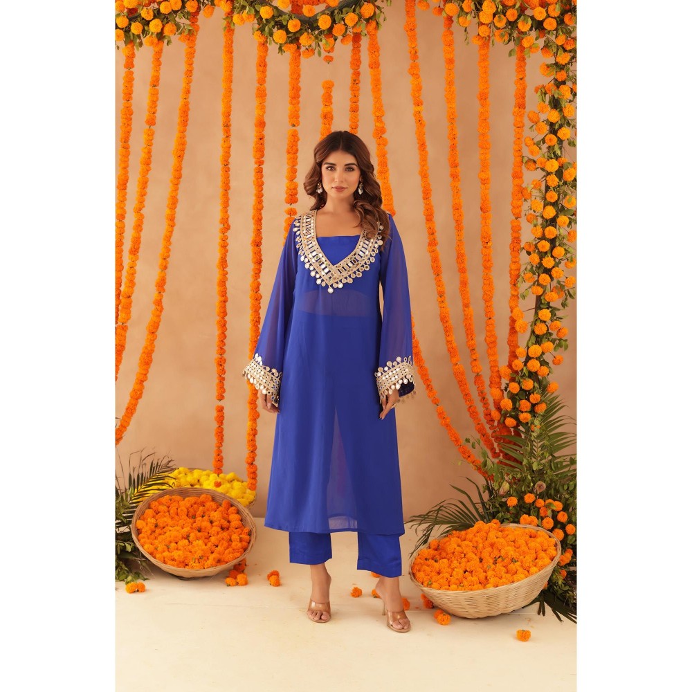 DEASHA INDIA Mousmi Royal Blue Mirror Work Kurta with Bustier & Dupatta