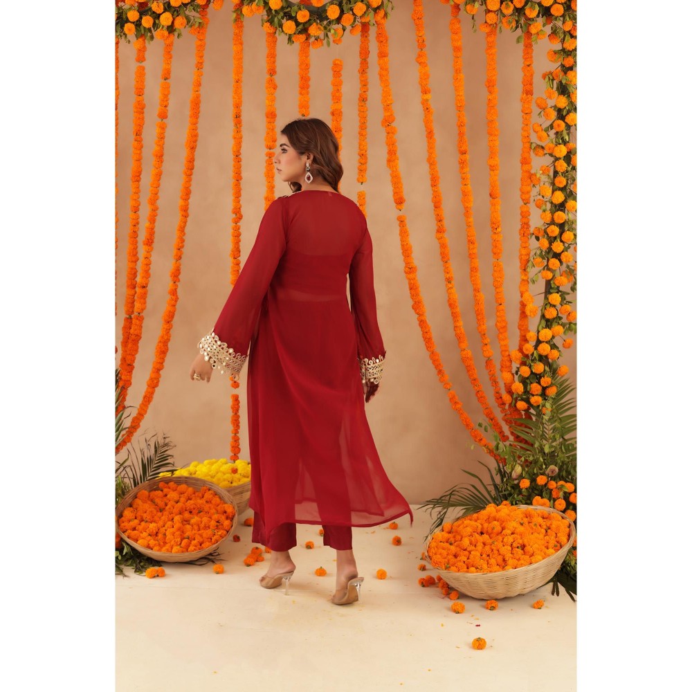 DEASHA INDIA Netra Red Mirror Work Kurta with Bustier & Dupatta