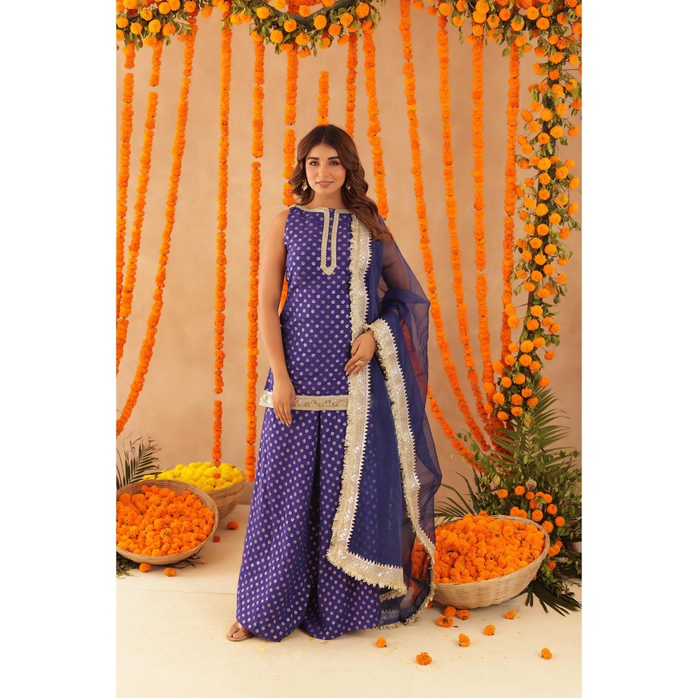 DEASHA INDIA Saba Blue Short Detailed Kurti with Palazzo & Dupatta