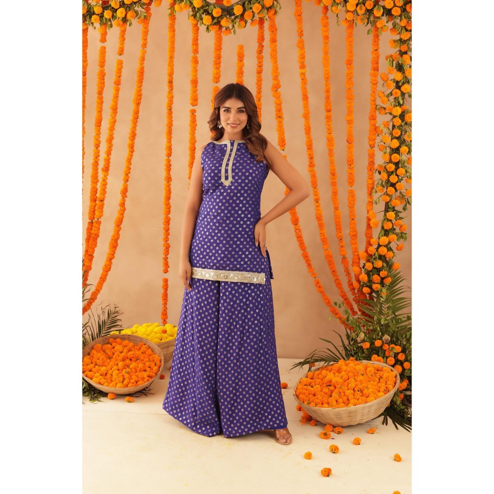 DEASHA INDIA Saba Blue Short Detailed Kurti with Palazzo & Dupatta