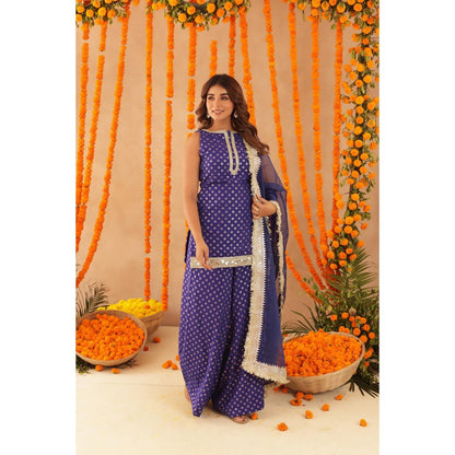 DEASHA INDIA Saba Blue Short Detailed Kurti with Palazzo & Dupatta