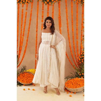 DEASHA INDIA Shayla White Lurex Anarkali with Pant & Dupatta