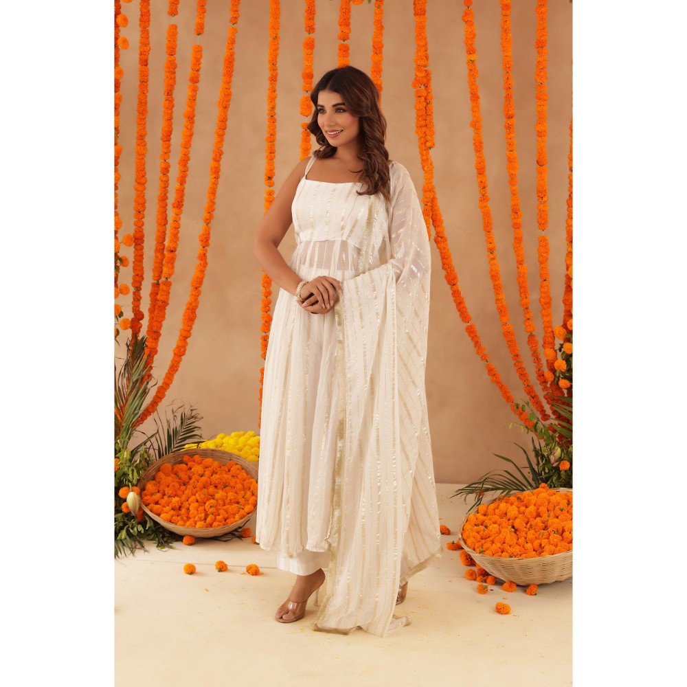 DEASHA INDIA Shayla White Lurex Anarkali with Pant & Dupatta