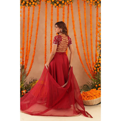 DEASHA INDIA Rasha Red Detailed Lehenga with Blouse and Dupatta