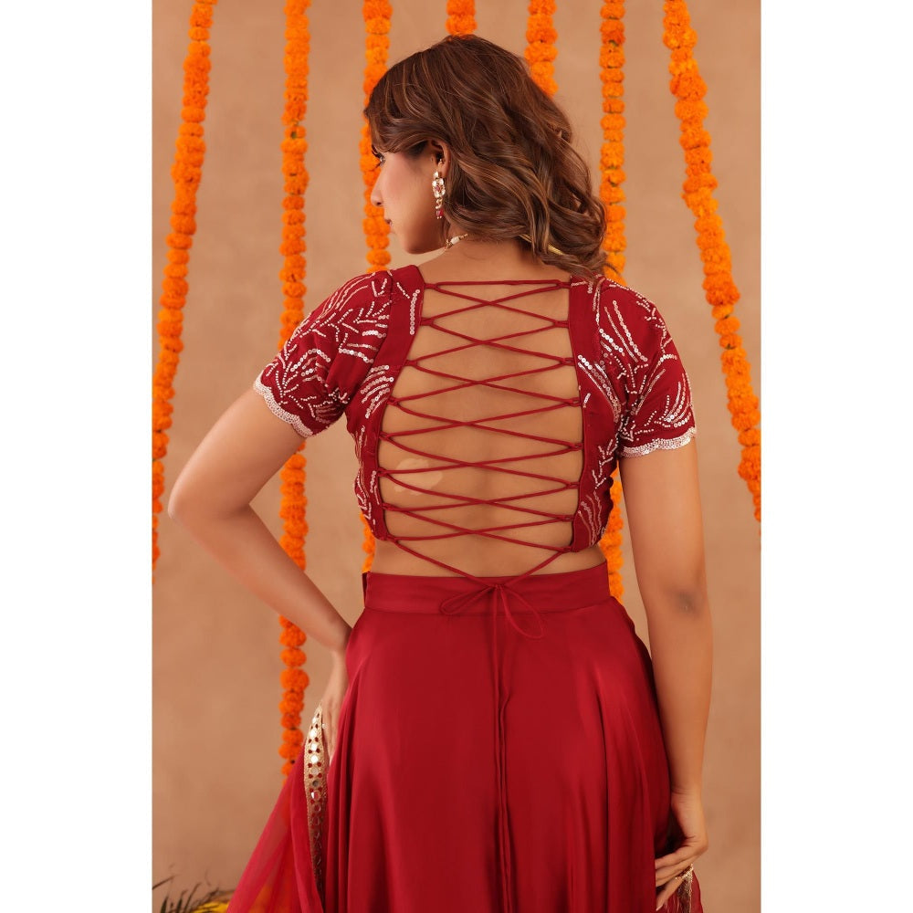 DEASHA INDIA Rasha Red Detailed Lehenga with Blouse and Dupatta